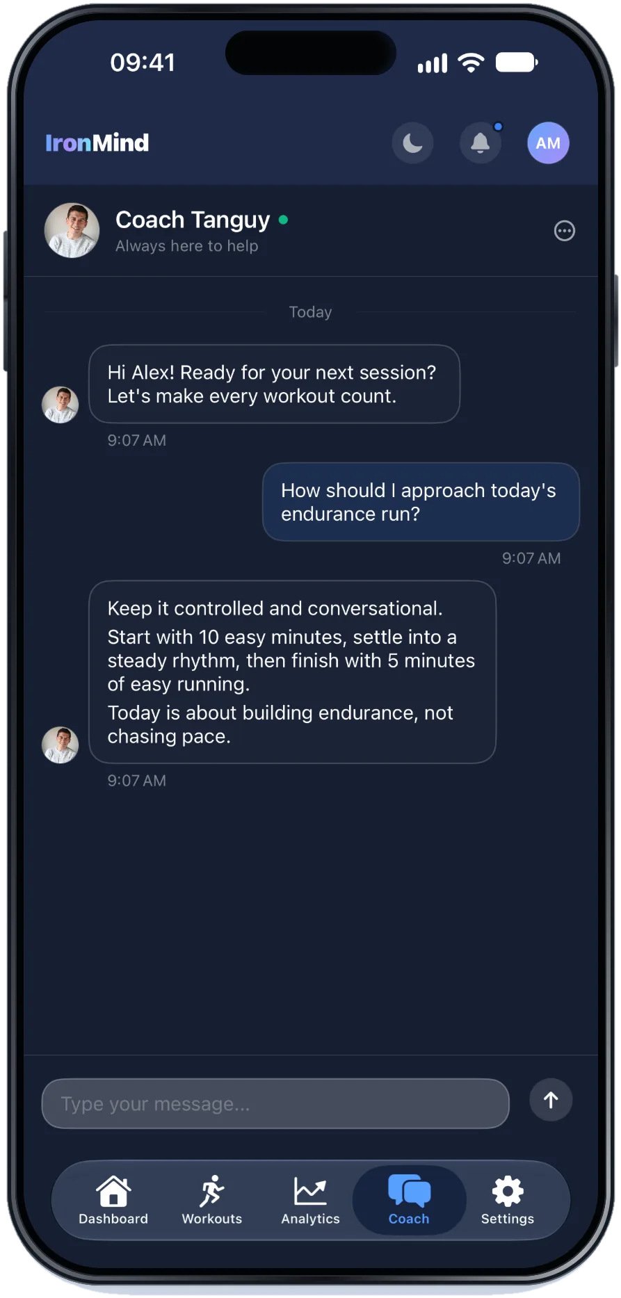 Chat mit Coach Tanguy in der IronMind-App