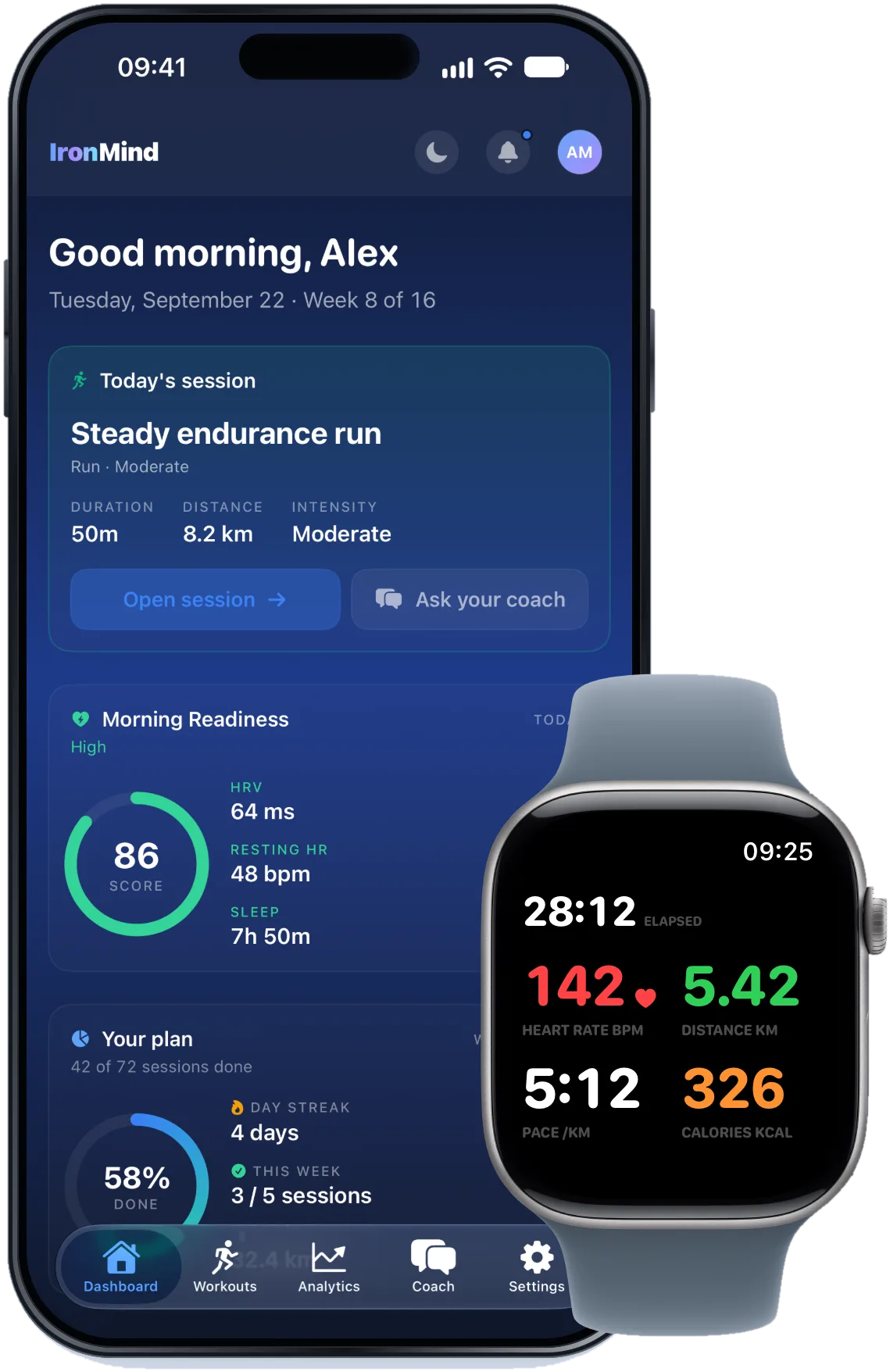 IronMind-Dashboard auf dem iPhone neben einer Apple Watch mit Live-Trainingsdaten