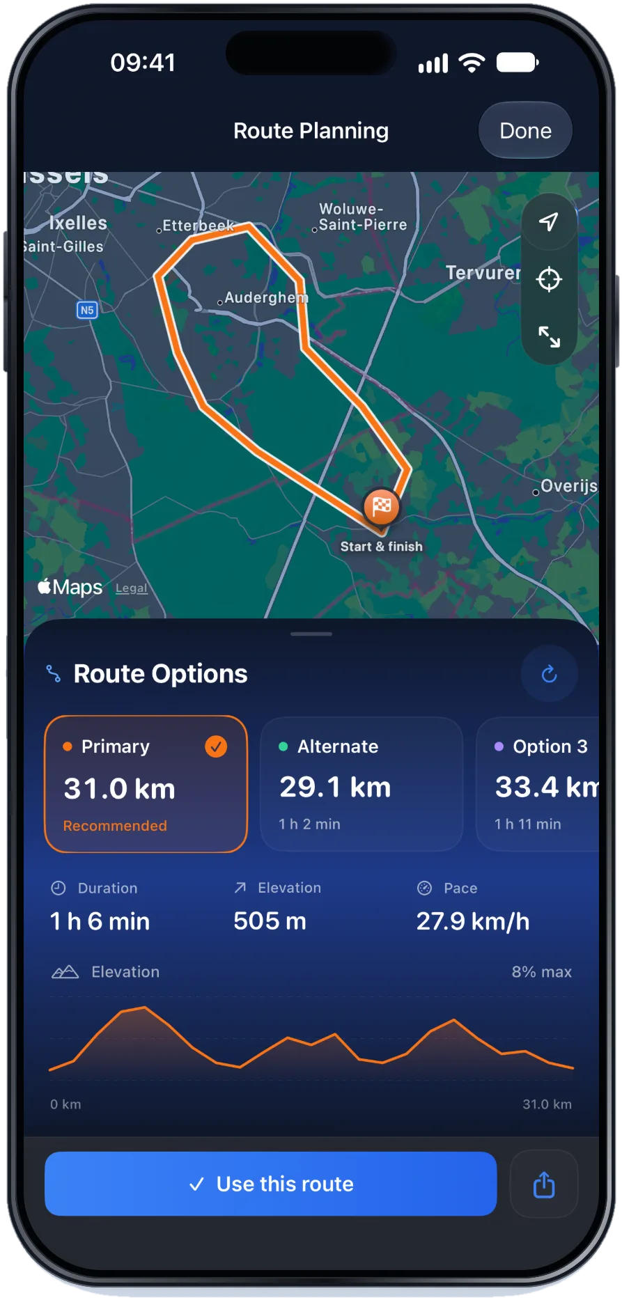 IronMind-Routenplanung mit Karte und drei Routenoptionen